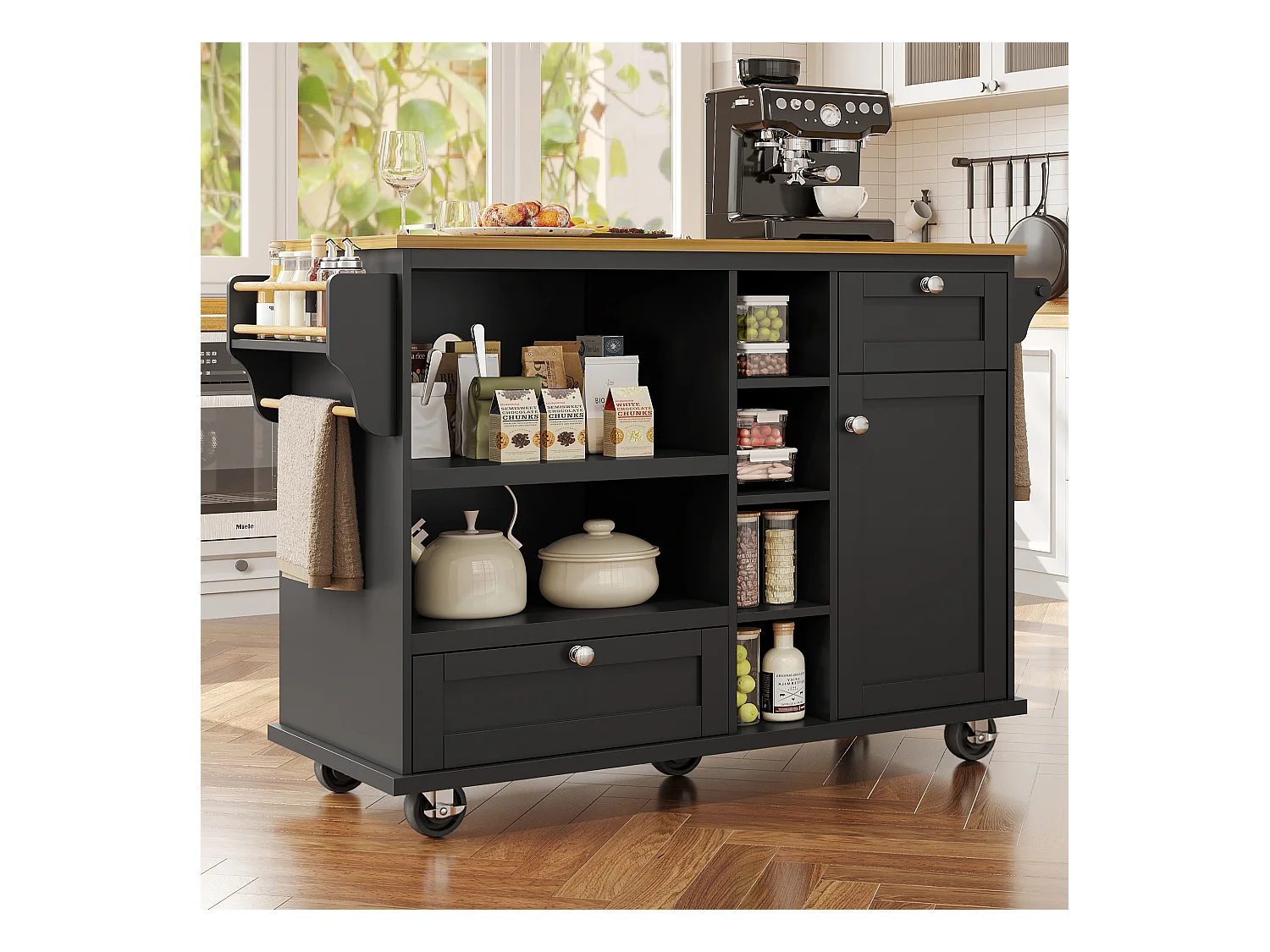 Ilot central de cuisine mobile avec une porte, 2 tiroirs et étagères de rangement ouverts - 129 x 46 x 92 cm - Bois MDF - Noir
