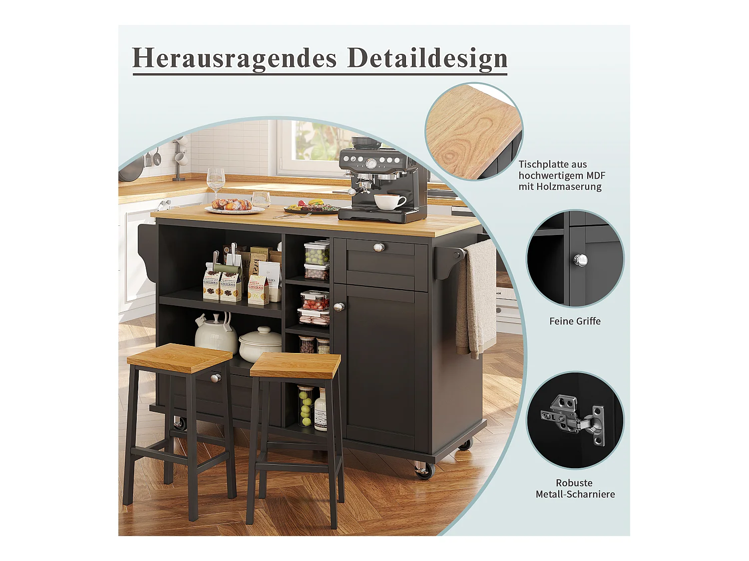Ilot central de cuisine mobile avec une porte, 2 tiroirs et étagères de rangement ouverts - 129 x 46 x 92 cm - Bois MDF - Noir