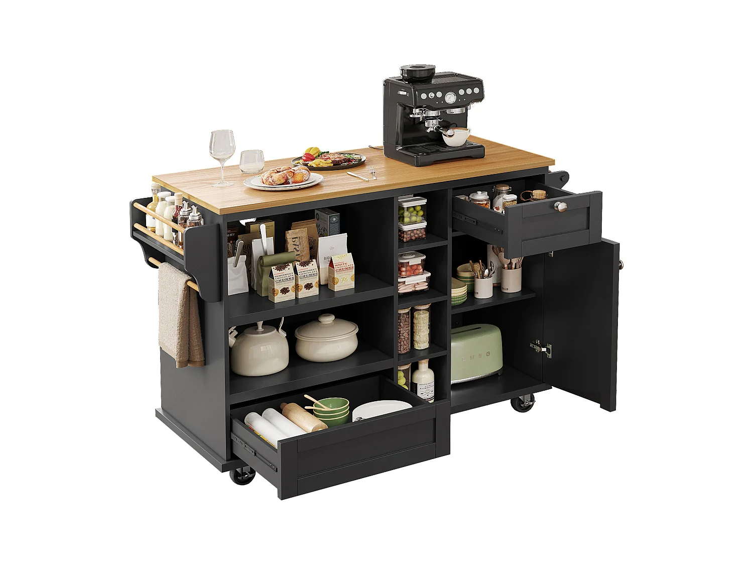 Ilot central de cuisine mobile avec une porte, 2 tiroirs et étagères de rangement ouverts - 129 x 46 x 92 cm - Bois MDF - Noir
