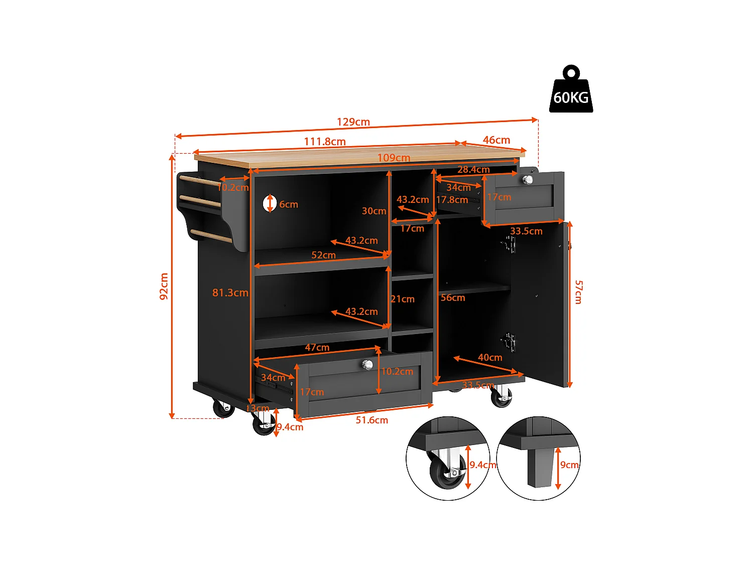 Ilot central de cuisine mobile avec une porte, 2 tiroirs et étagères de rangement ouverts - 129 x 46 x 92 cm - Bois MDF - Noir