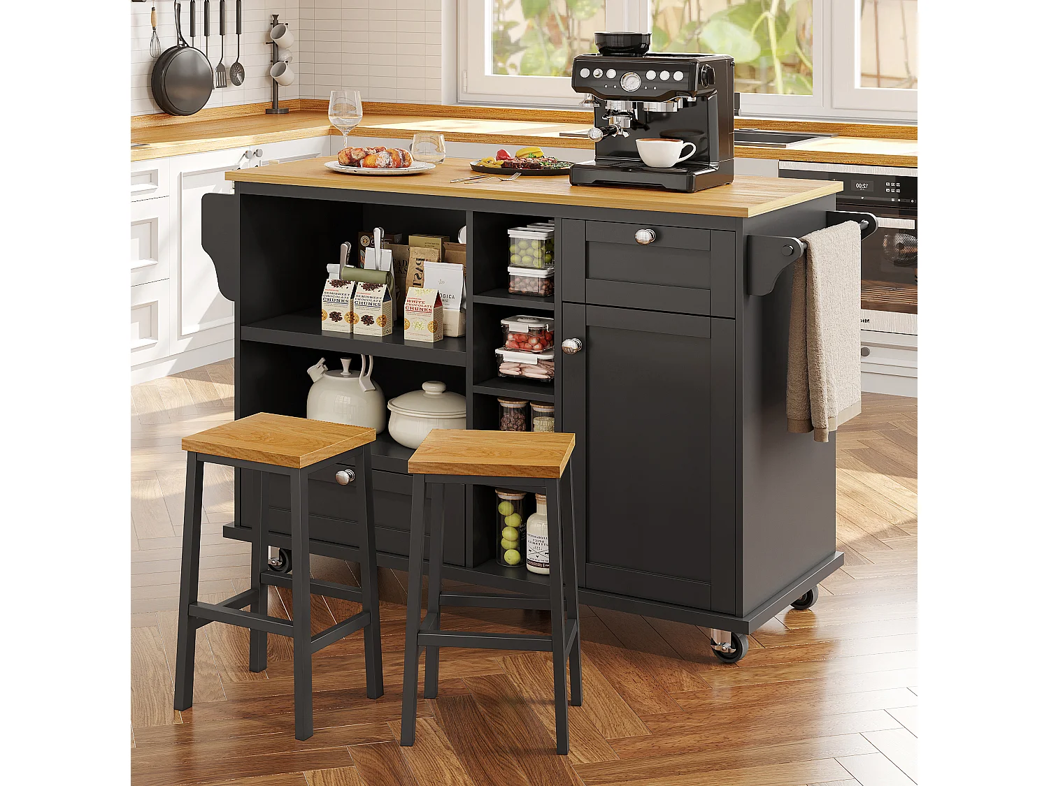 Ilot central de cuisine mobile avec une porte, 2 tiroirs et étagères de rangement ouverts - 129 x 46 x 92 cm - Bois MDF - Noir