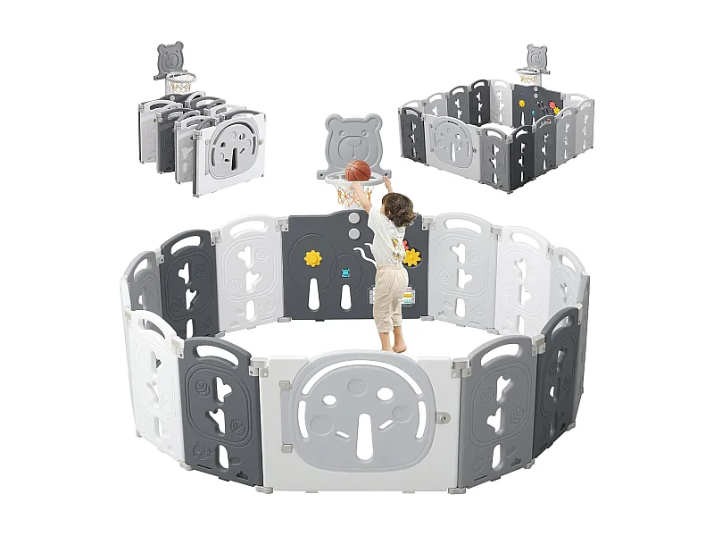 Yoleo Baby Park - 12+2 Modulare Panels - mit Basketballkorb - ökologischer Kunststoff - 153x153x60 cm