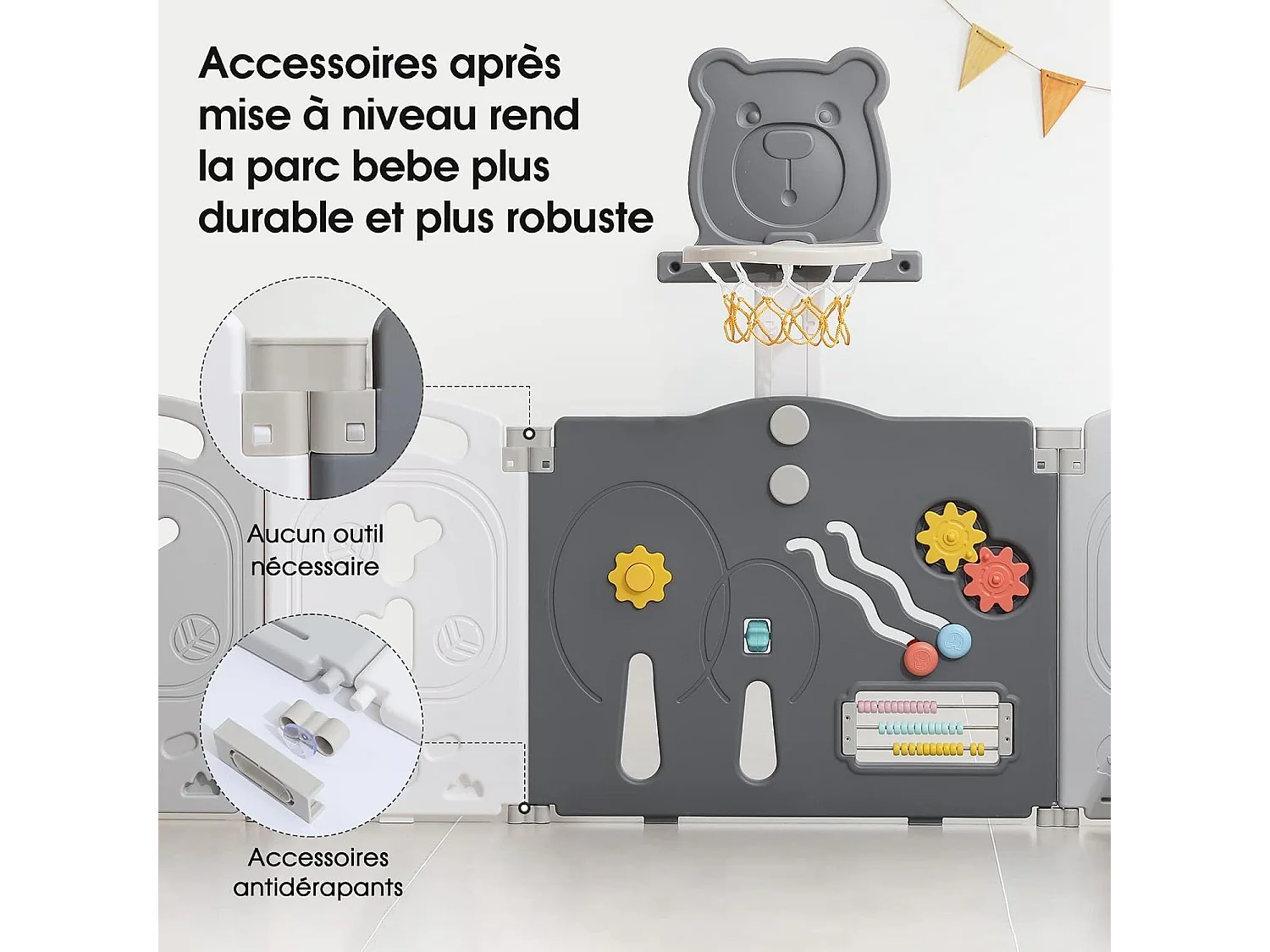 Parc Bébé Yoleo - 12+2 panneaux modulable - avec panier de basket - plastique écologique - 153x153x60cm