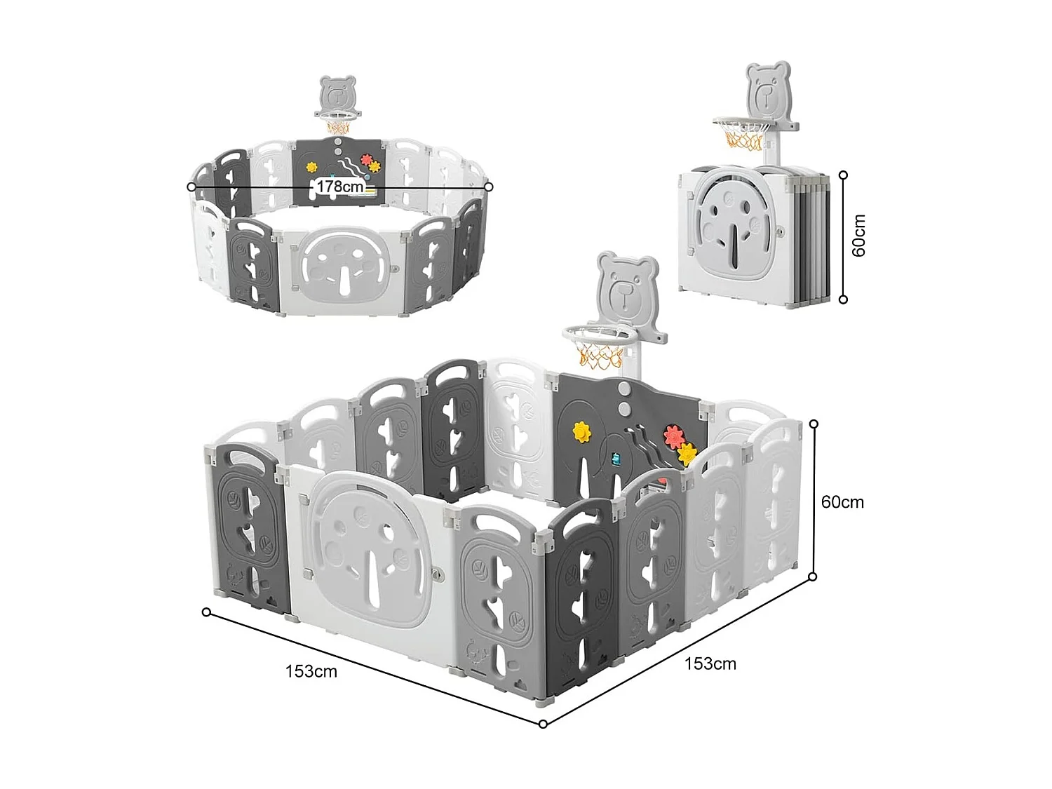 Parc Bébé Yoleo - 12+2 panneaux modulable - avec panier de basket - plastique écologique - 153x153x60cm