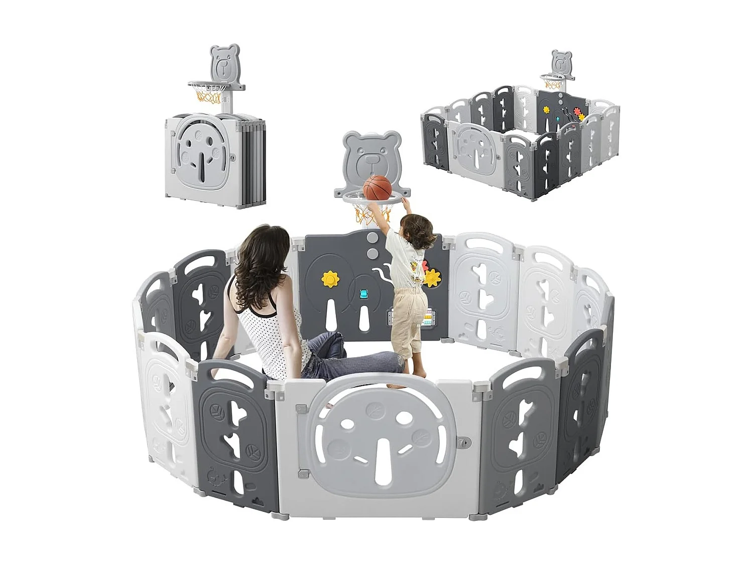 Parc Bébé Yoleo - 12+2 panneaux modulable - avec panier de basket - plastique écologique - 153x153x60cm