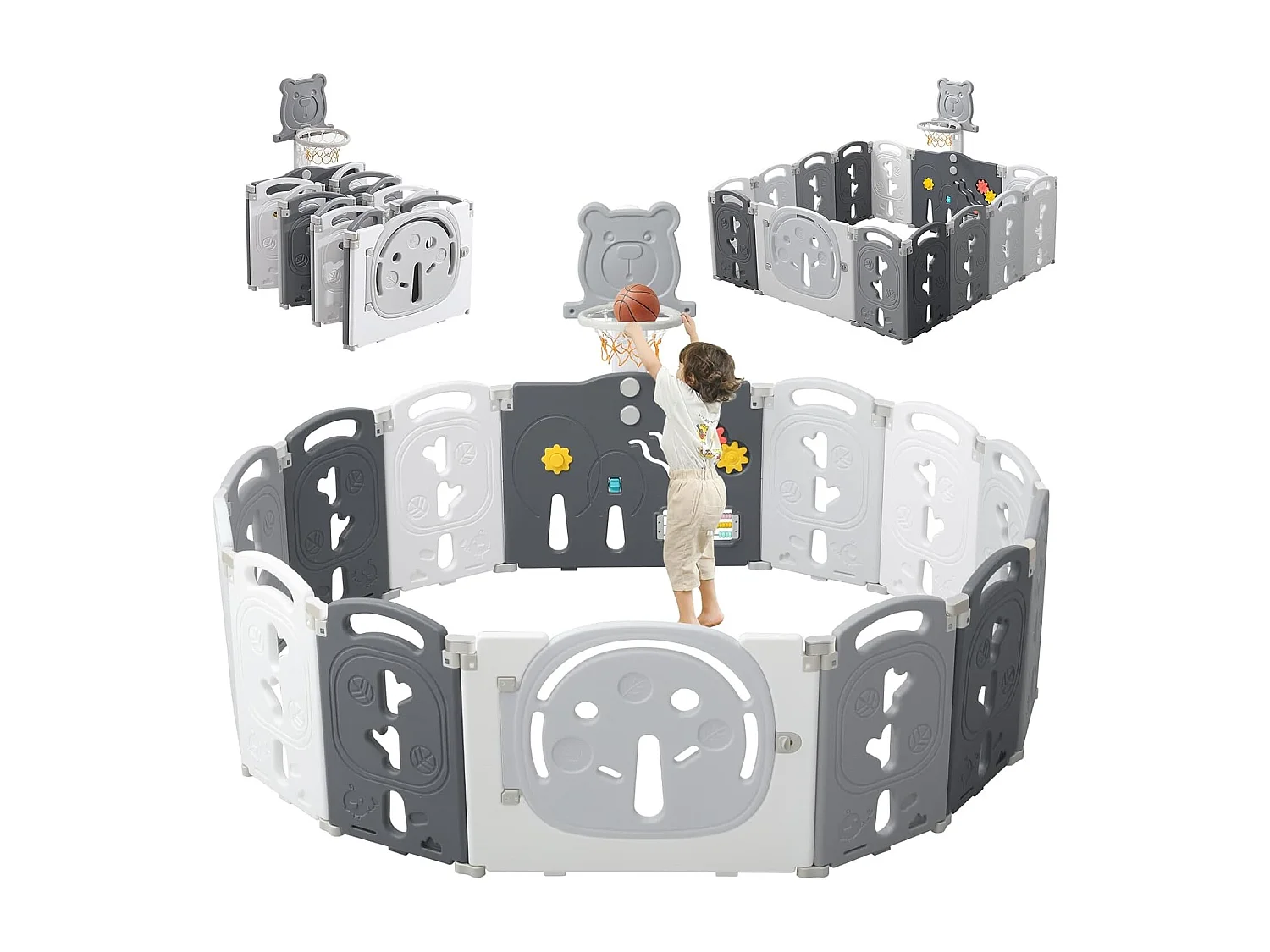 Yoleo Baby Park - 12+2 painéis modulares - com cesto de basquete - plástico ecológico - 153x153x60cm