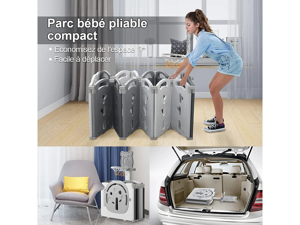 Yoleo Baby Park - 12+2 painéis modulares - com cesto de basquete - plástico ecológico - 153x153x60cm