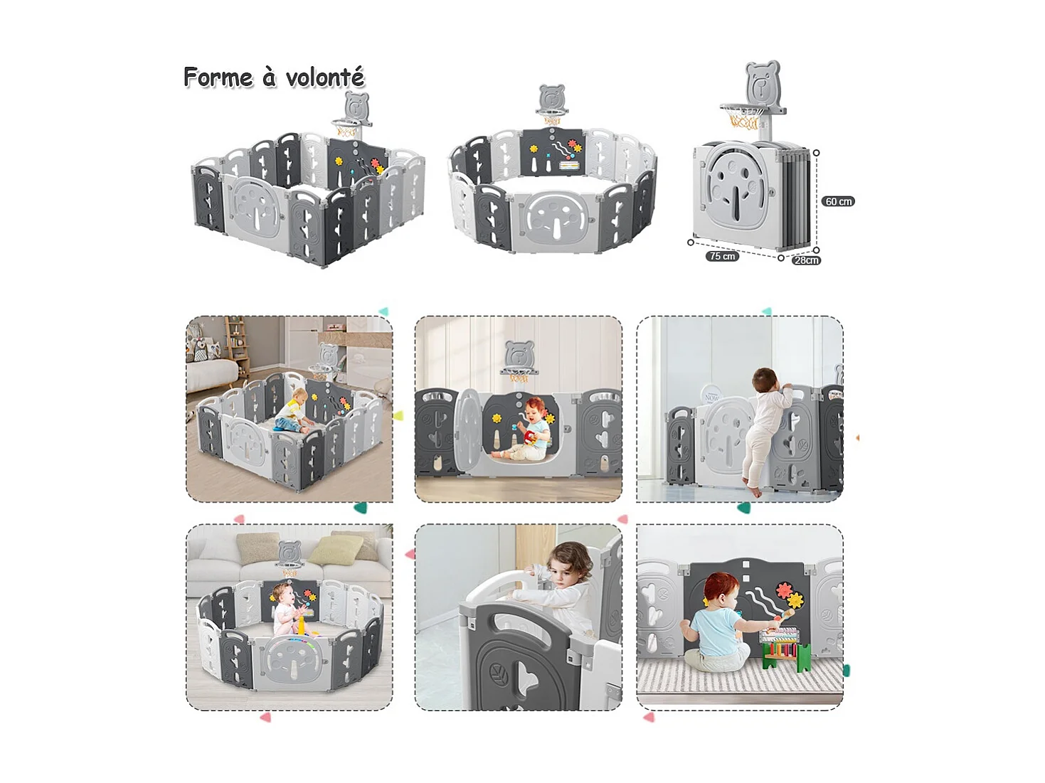 Yoleo Baby Park - 12+2 painéis modulares - com cesto de basquete - plástico ecológico - 153x153x60cm