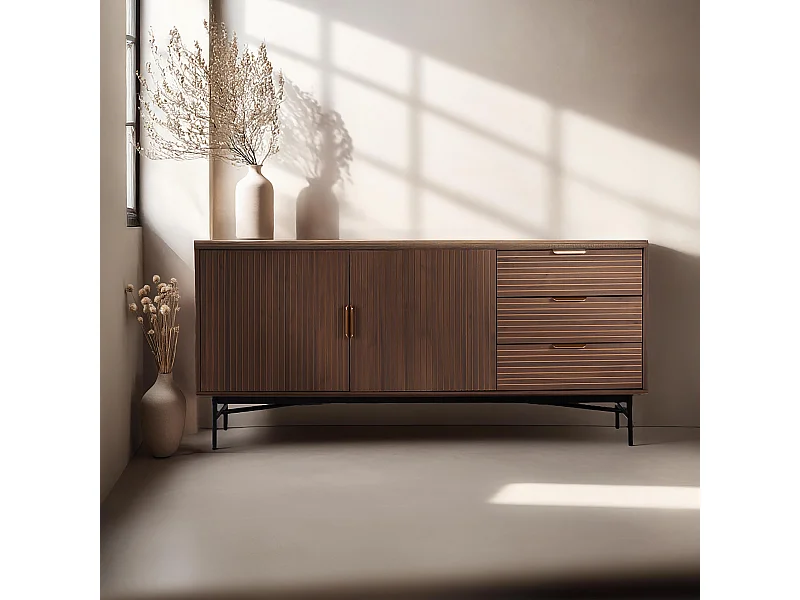 Buffet 2 portes et 3 tiroirs en mélaminé et acier 160 cm marron