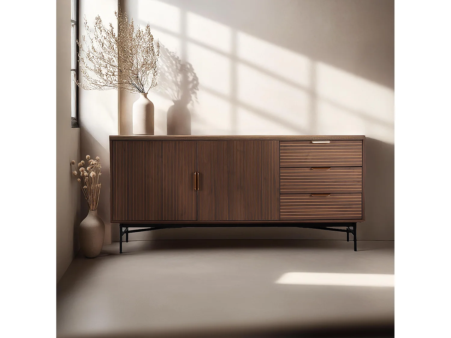 Buffet 2 portes et 3 tiroirs en mélaminé et acier 160 cm marron