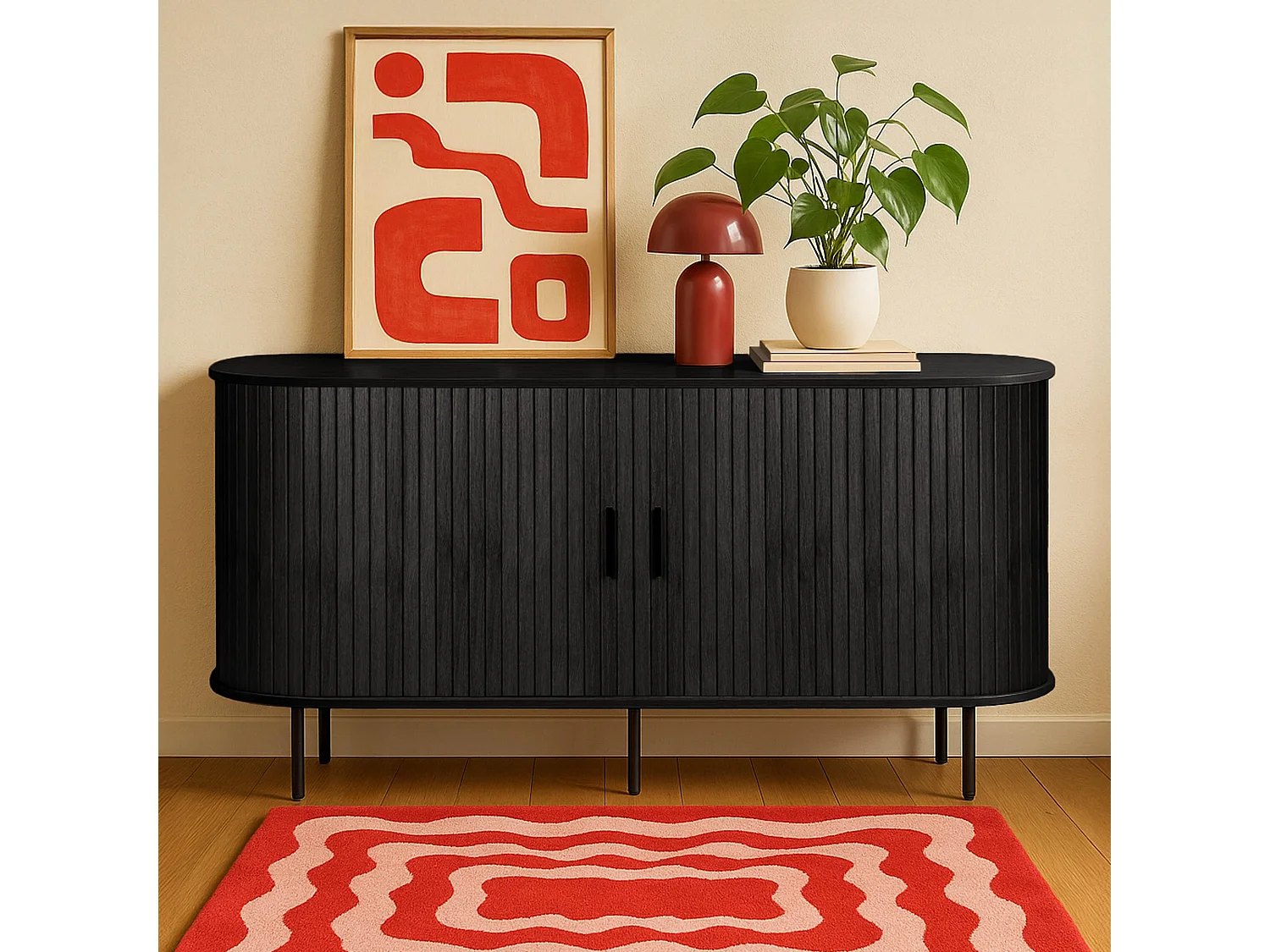 Buffet 2 portes en mélaminé et acier 140 cm noir