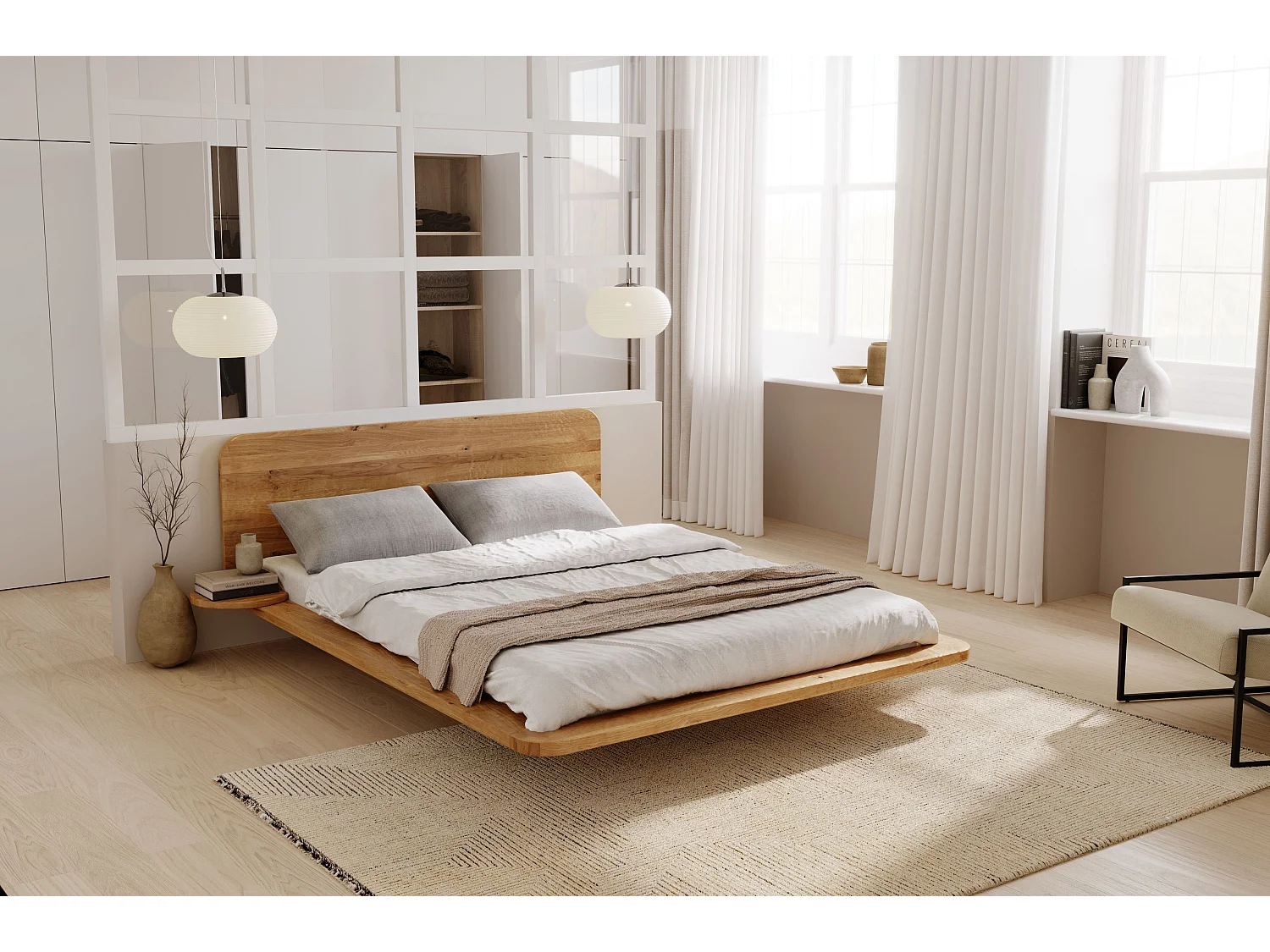 Łóżko lewitujące dębowe JAPANDIC / 160x200, lakier naturalny