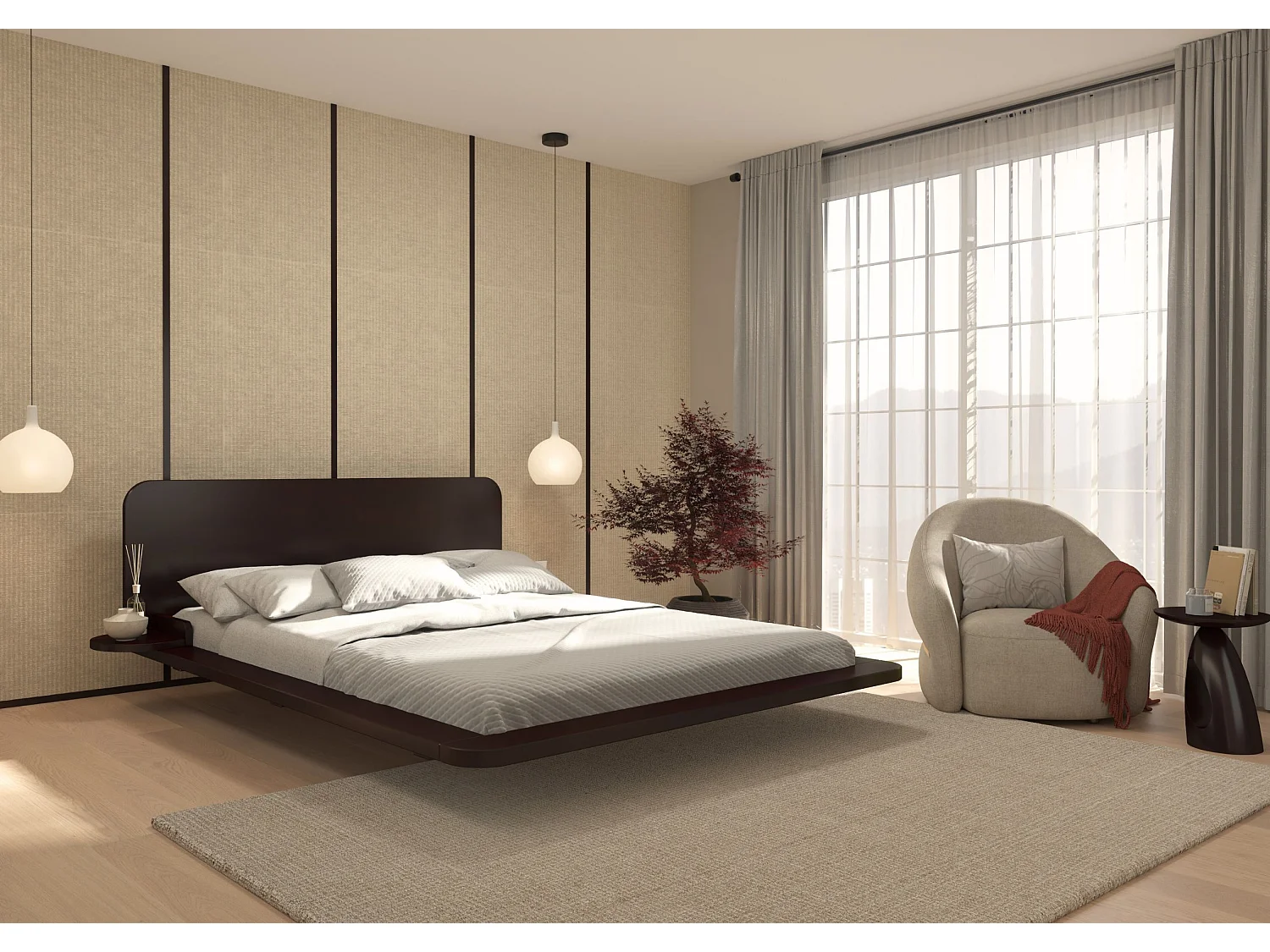 Łóżko lewitujące bukowe JAPANDIC / 160x200, kolor palisander