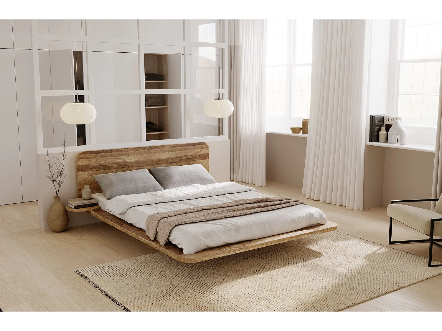 Lit flottant en chêne massif JAPANDIC / 160x200 cm, couleur naturelle froide