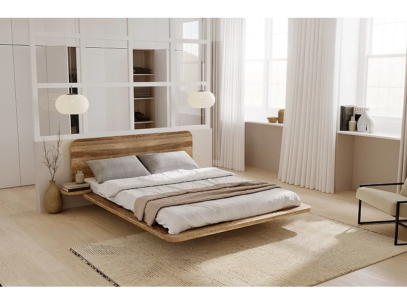 Lit flottant en chêne massif JAPANDIC / 160x200 cm, couleur naturelle froide