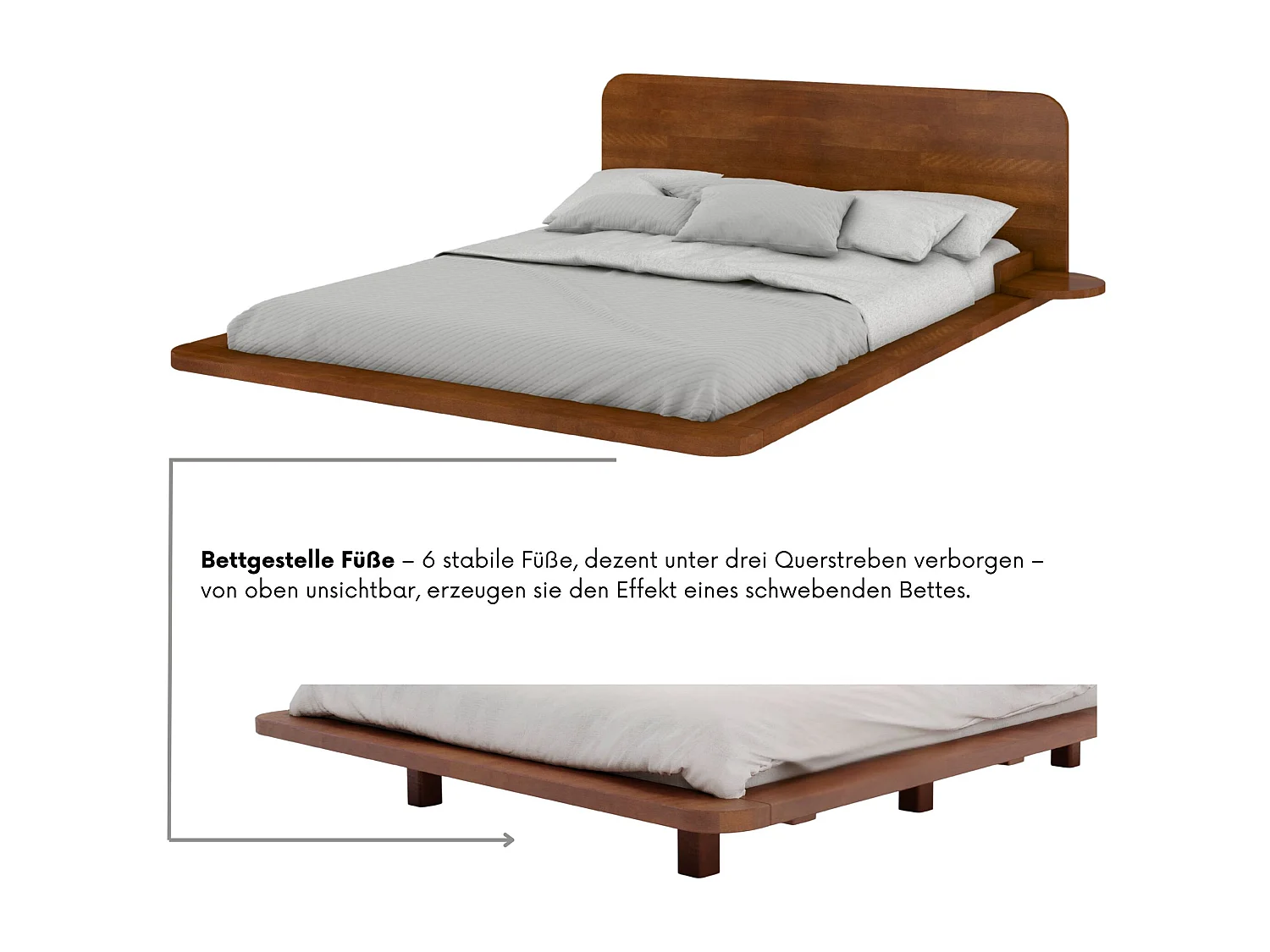 Lit flottant en hêtre massif JAPANDIC / 180x200 cm, couleur noyer