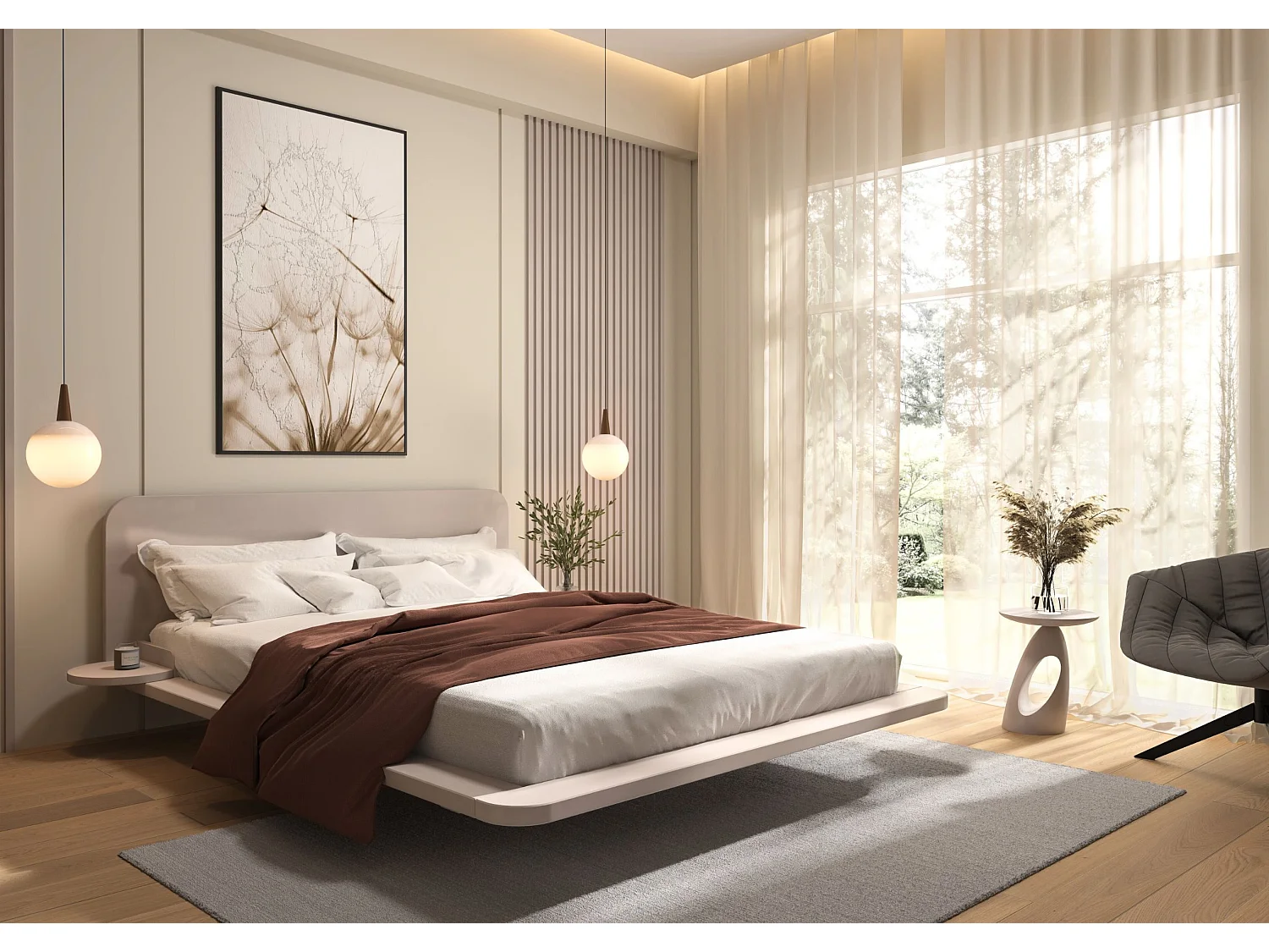 Lit flottant en hêtre massif JAPANDIC / 140x200 cm, couleur blanche