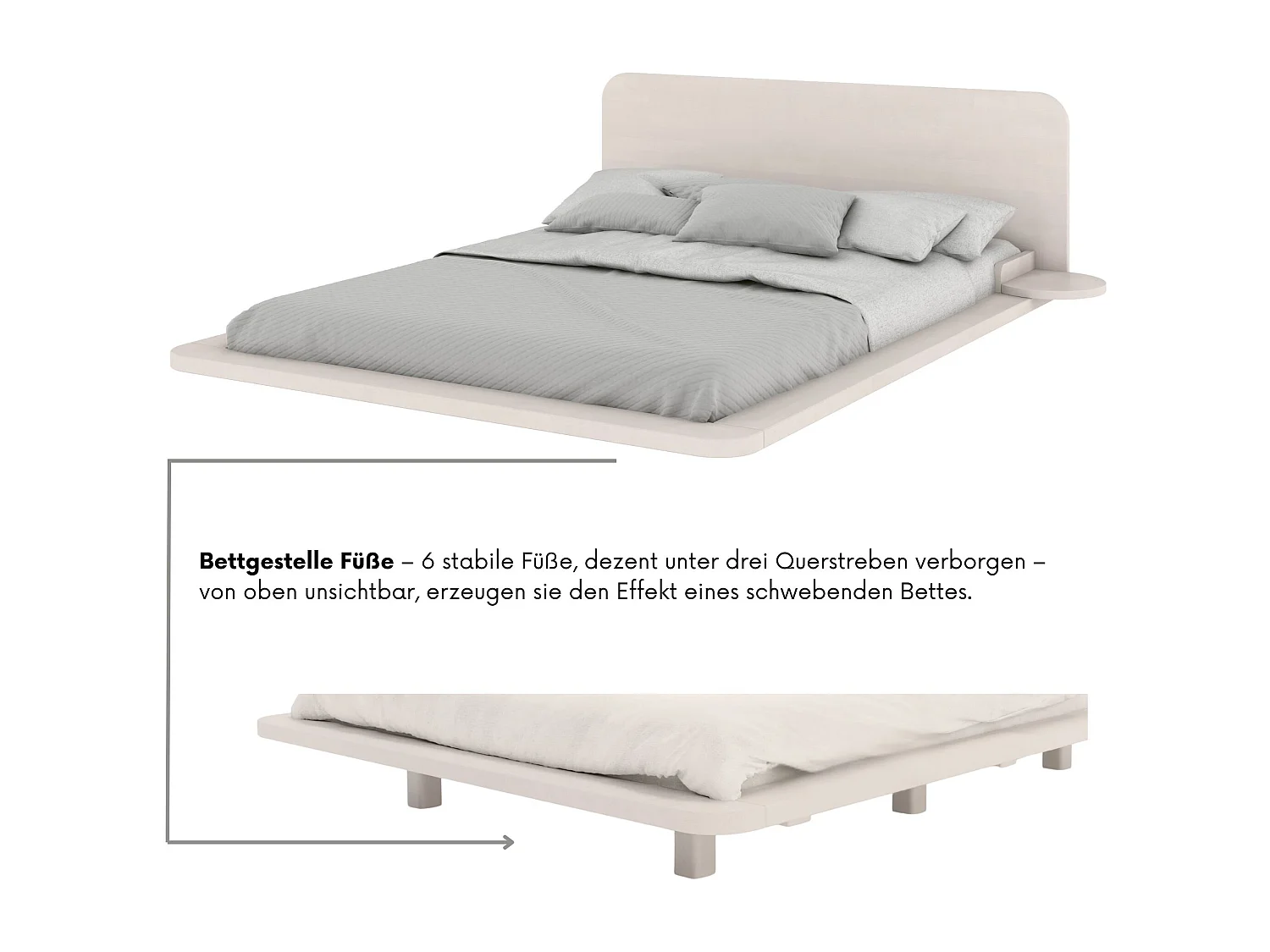 Lit flottant en hêtre massif JAPANDIC / 140x200 cm, couleur blanche