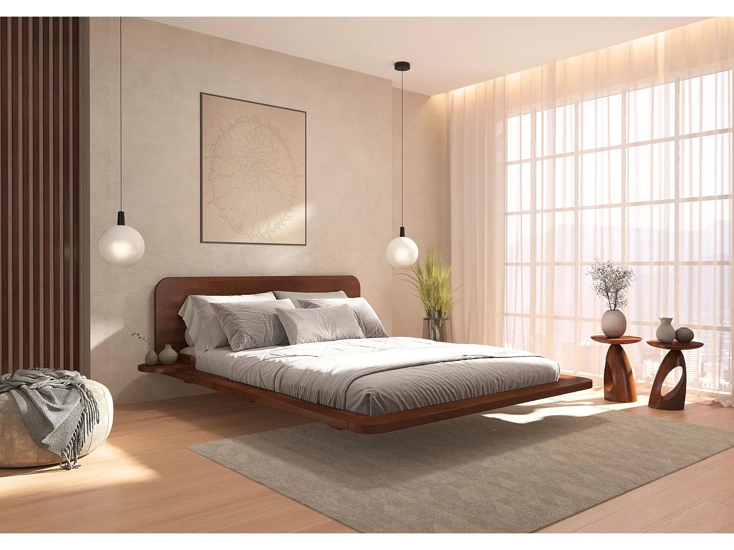 Łóżko lewitujące bukowe JAPANDIC / 160x200, kolor orzech