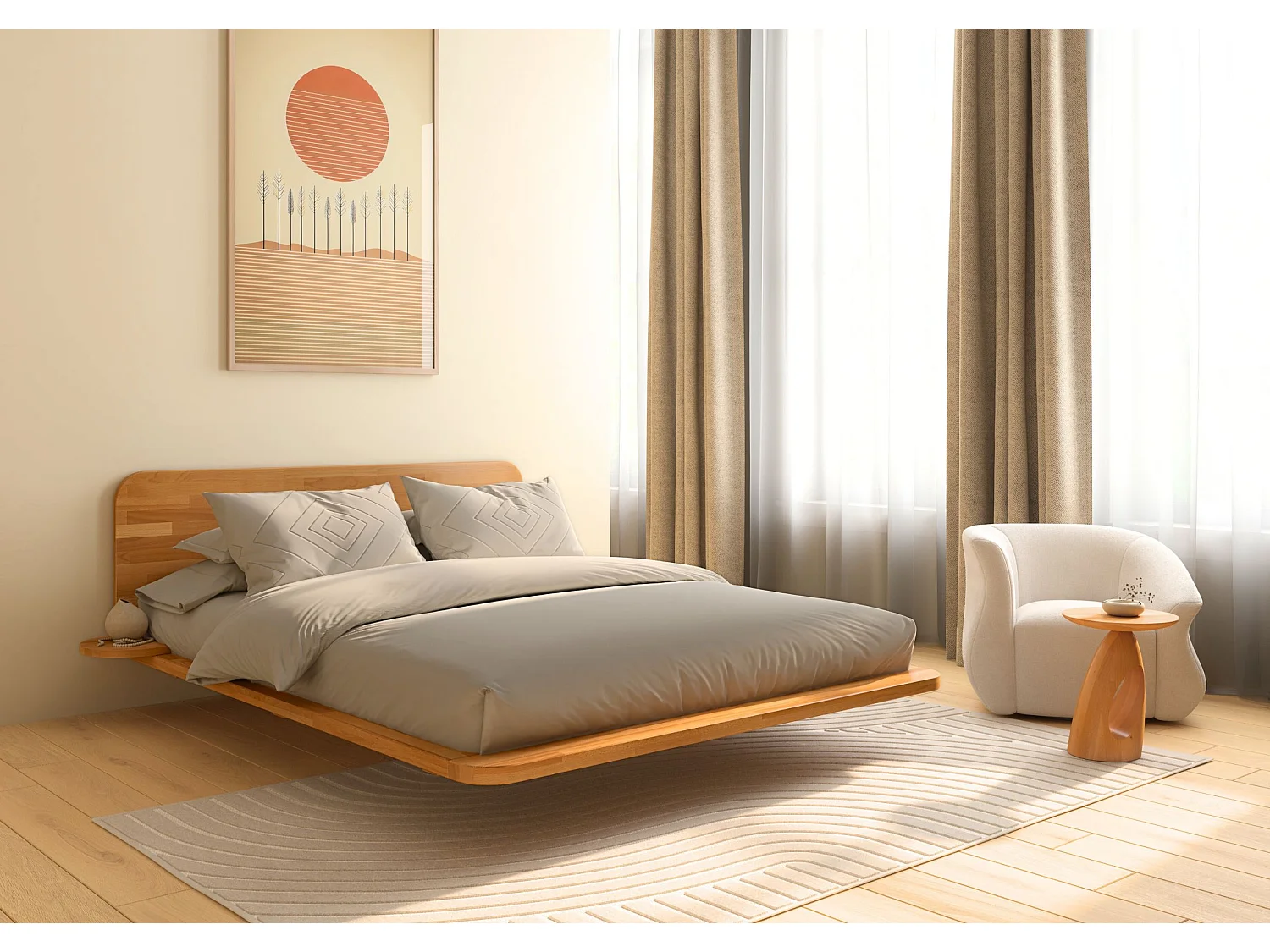 Łóżko lewitujące bukowe JAPANDIC / 160x200 ,kolor naturalny