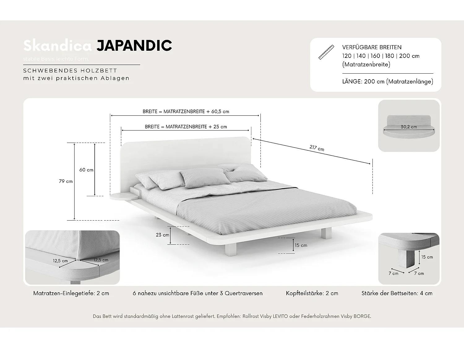 Łóżko lewitujące dębowe JAPANDIC / 180x200, lakier naturalny
