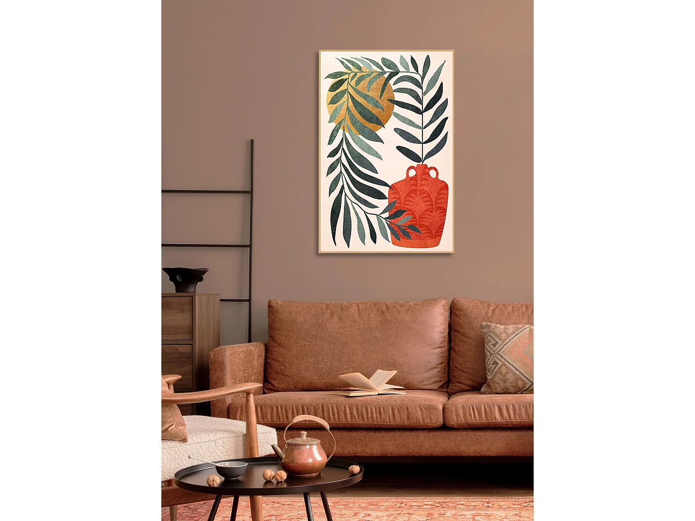 Toile encadrée, feuilles et gargoulette en couleur vert, rouge et doré 91x61cm