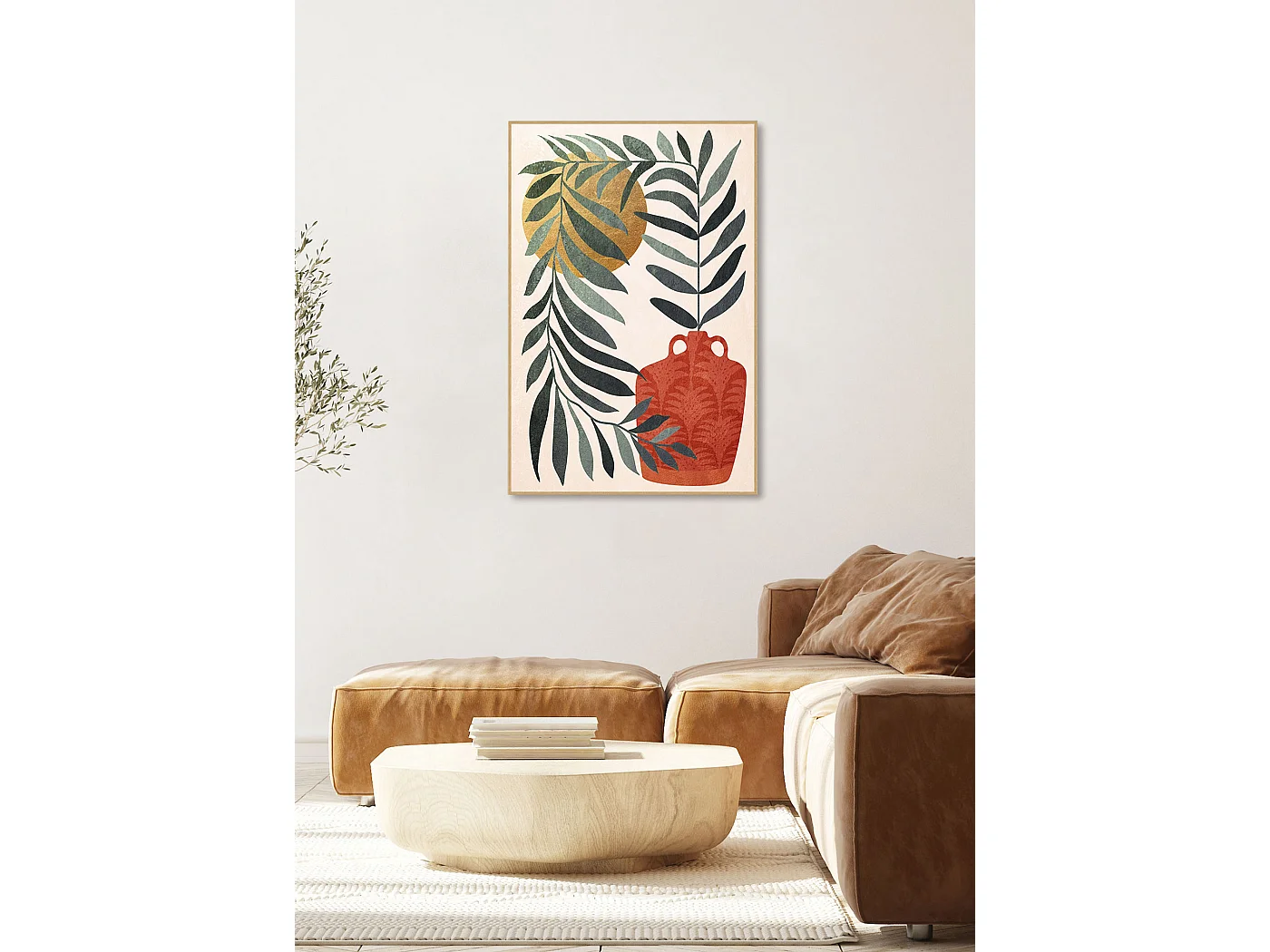 Toile encadrée, feuilles et gargoulette en couleur vert, rouge et doré 91x61cm