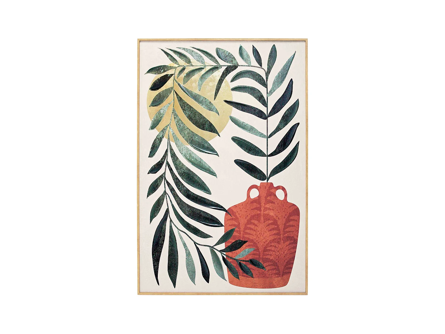 Toile encadrée, feuilles et gargoulette en couleur vert, rouge et doré 91x61cm