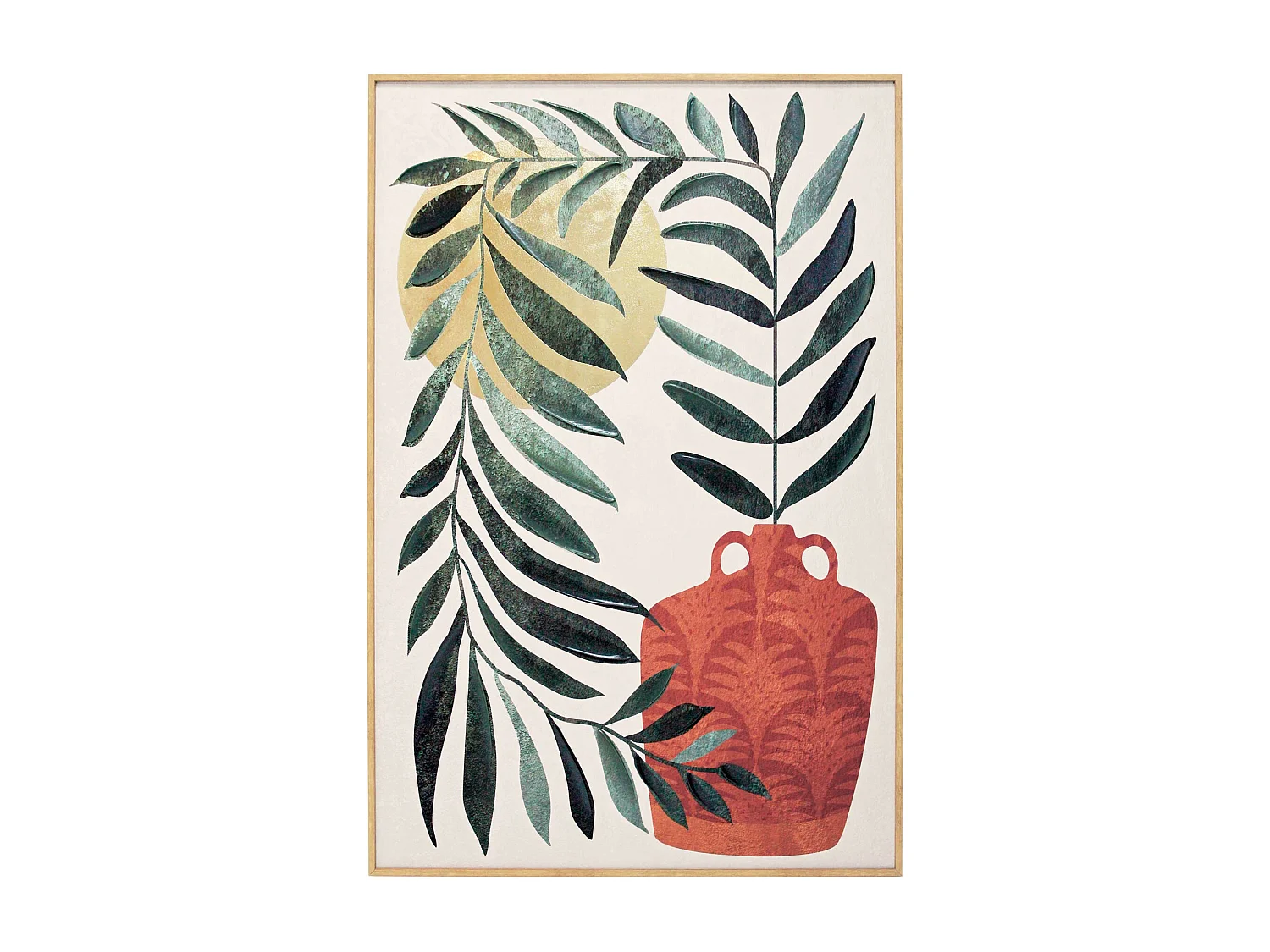 Toile encadrée, feuilles et gargoulette en couleur vert, rouge et doré 91x61cm