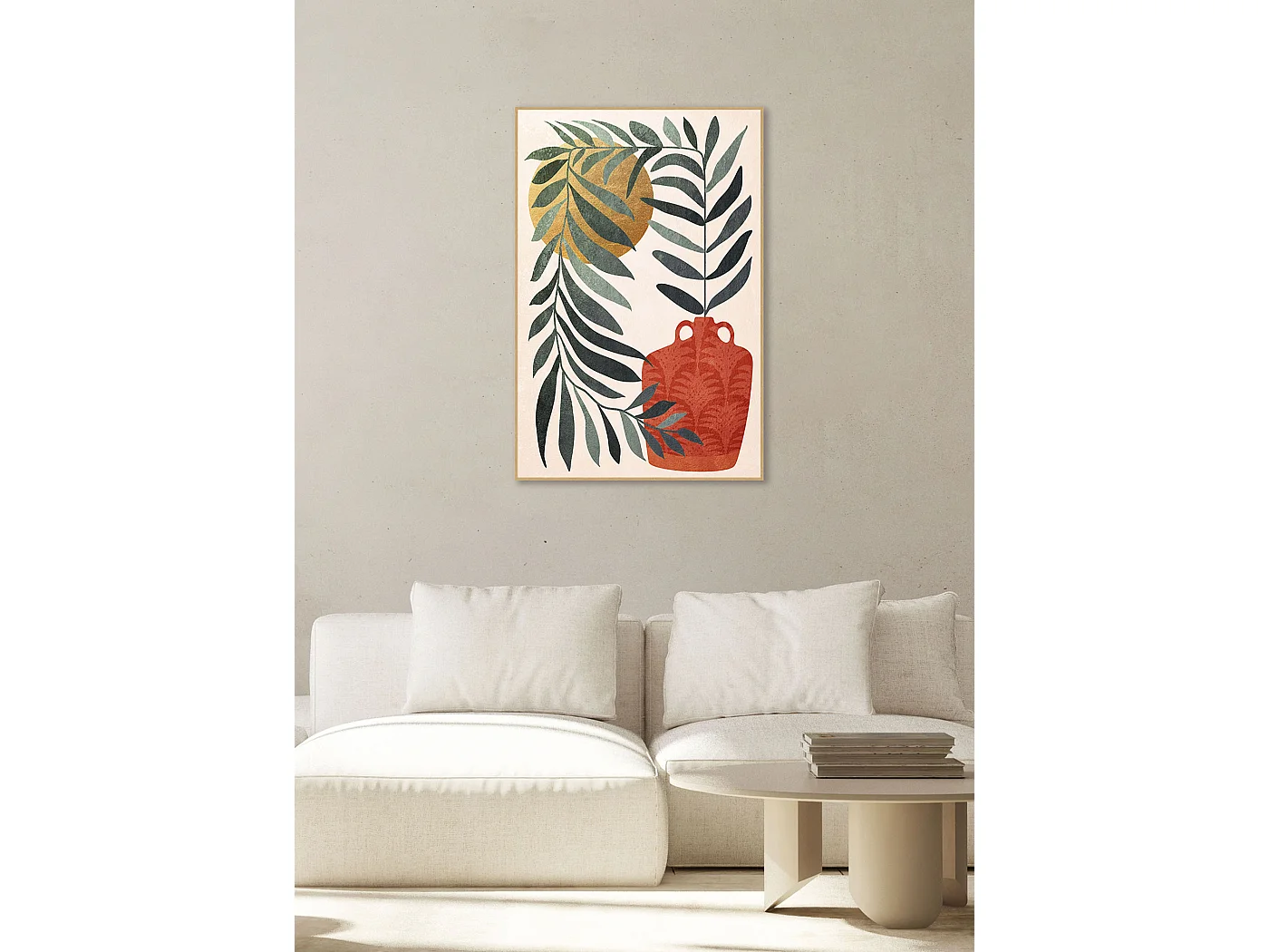 Toile encadrée, feuilles et gargoulette en couleur vert, rouge et doré 91x61cm