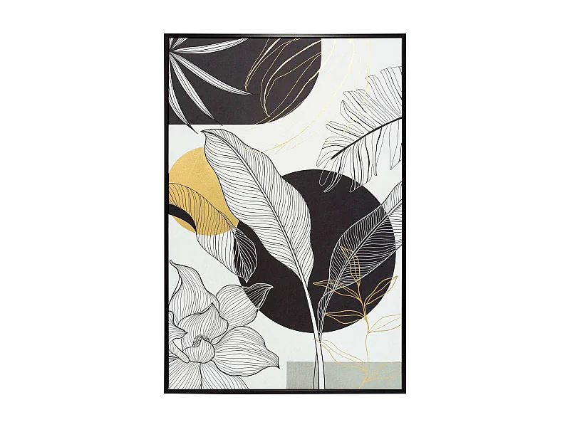 Toile imprimée encadrée feuilles en couleur noir blanc et doré 92x62cm