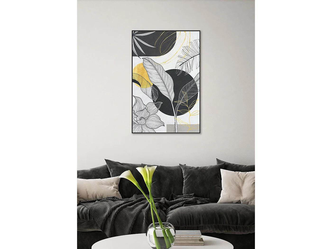 Toile imprimée encadrée feuilles en couleur noir blanc et doré 92x62cm