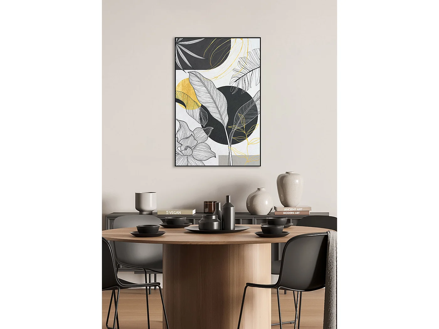 Toile imprimée encadrée feuilles en couleur noir blanc et doré 92x62cm