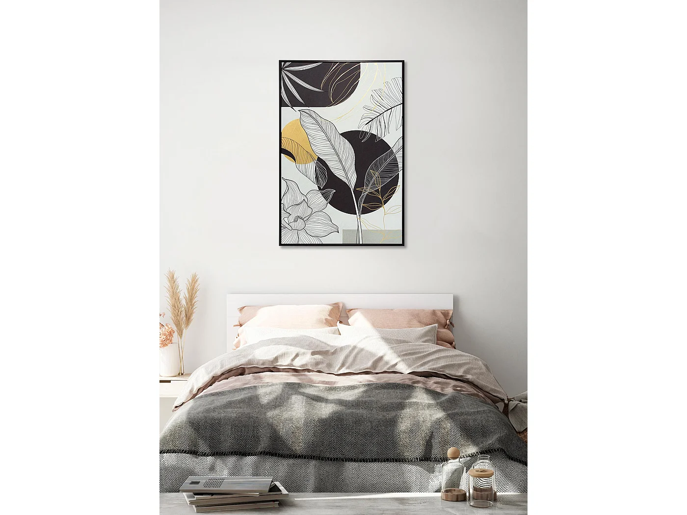 Toile imprimée encadrée feuilles en couleur noir blanc et doré 92x62cm