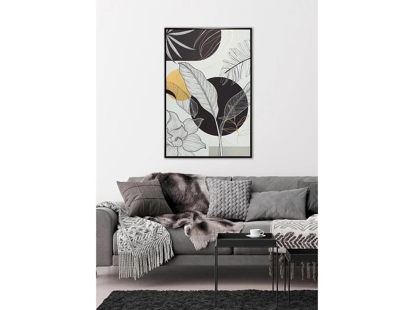 Toile imprimée encadrée feuilles en couleur noir blanc et doré 92x62cm