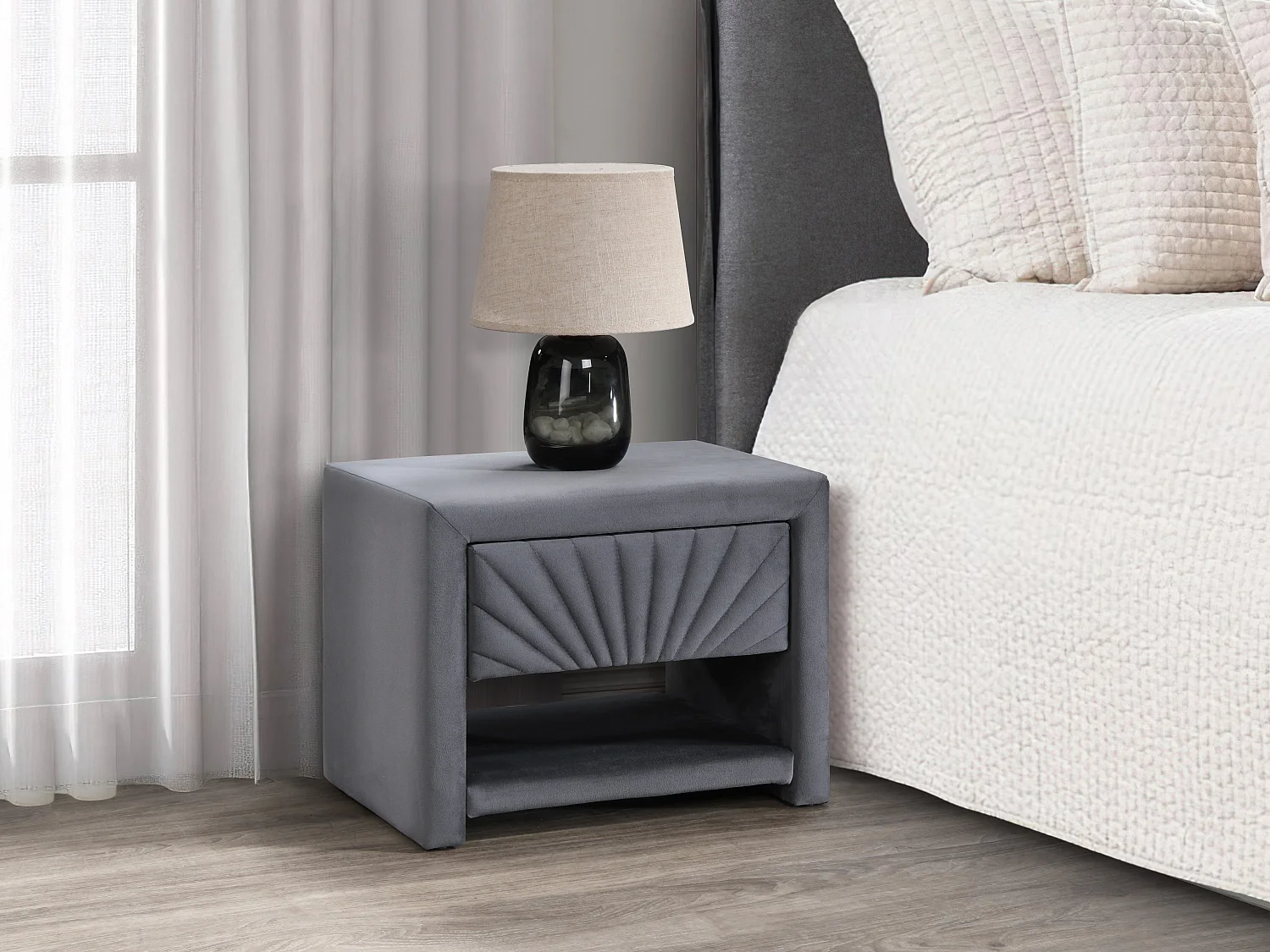 Lot de 2 tables de chevet - 1 tiroir et 1 niche - Velours - Gris anthracite - ULAMI