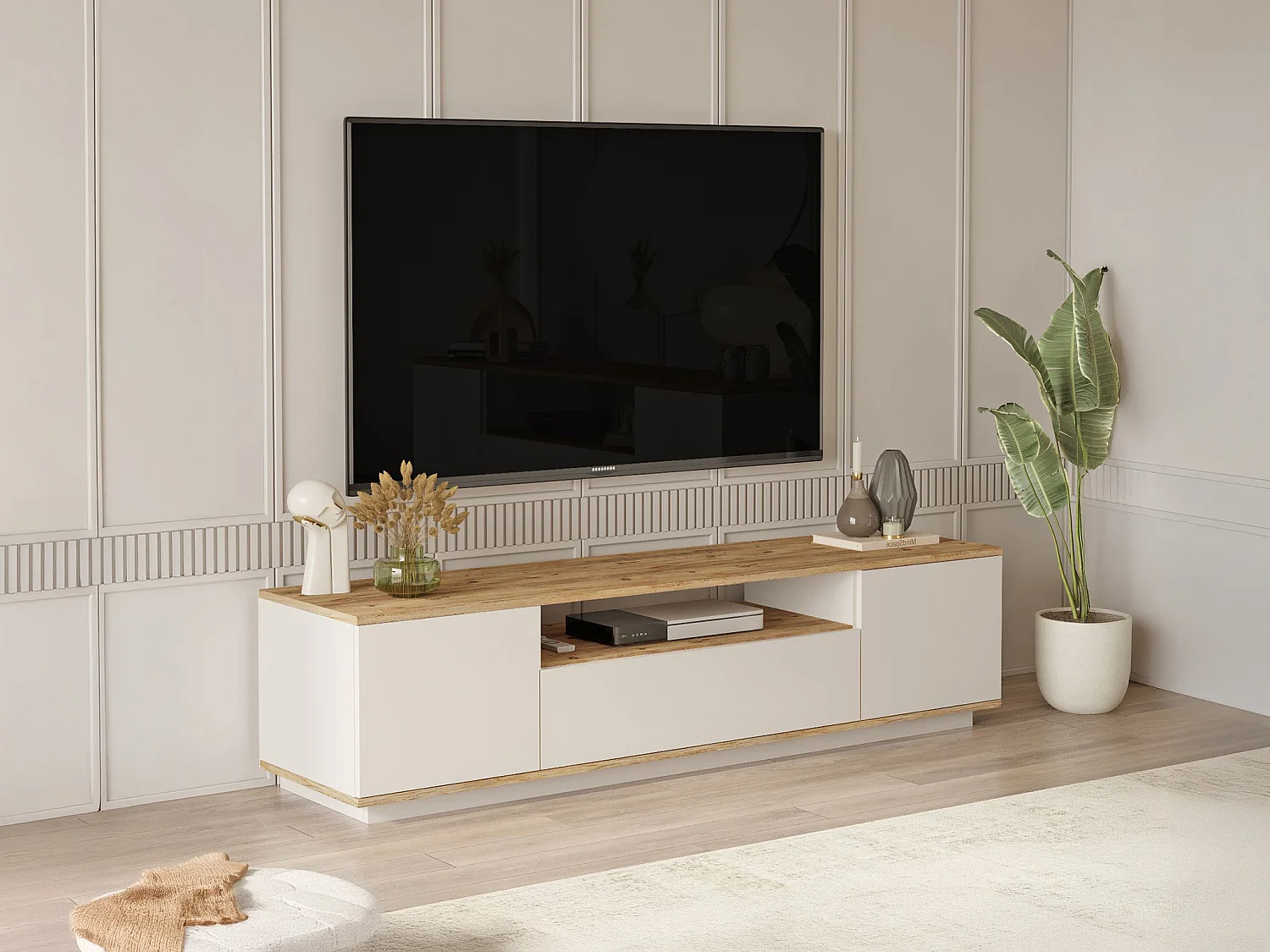 Meuble TV avec 3 portes et 1 niche - Beige et naturel - LOTULA