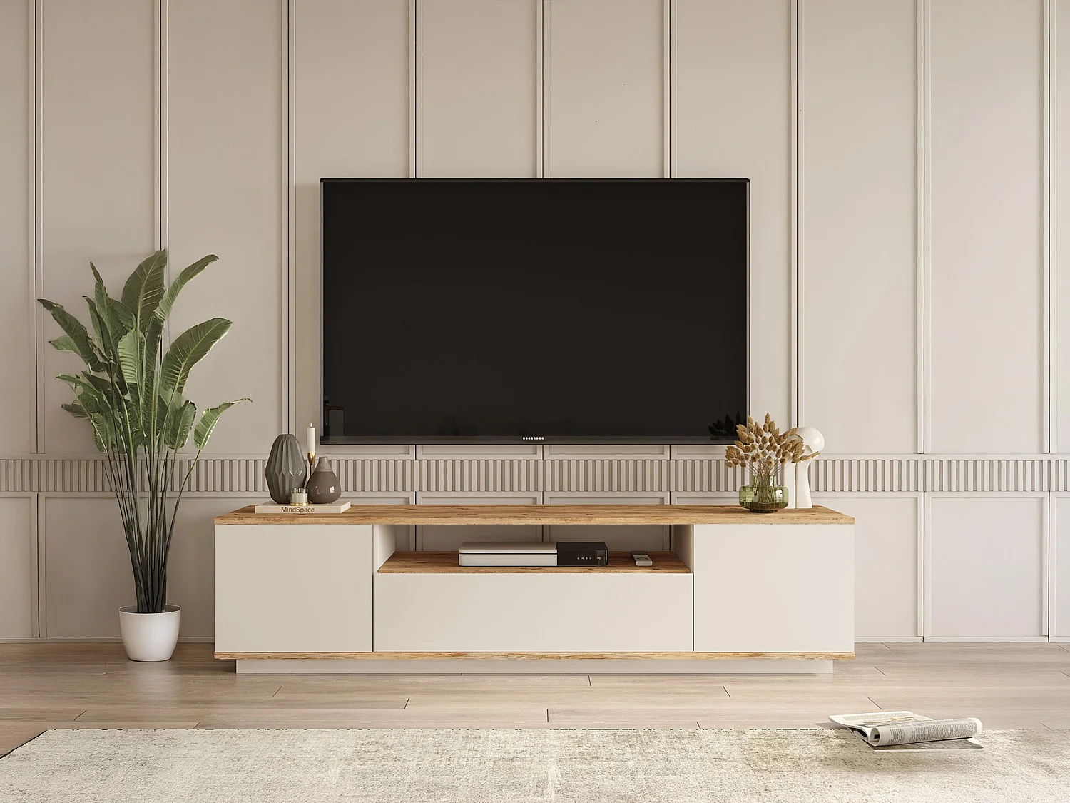 Meuble TV avec 3 portes et 1 niche - Beige et naturel - LOTULA