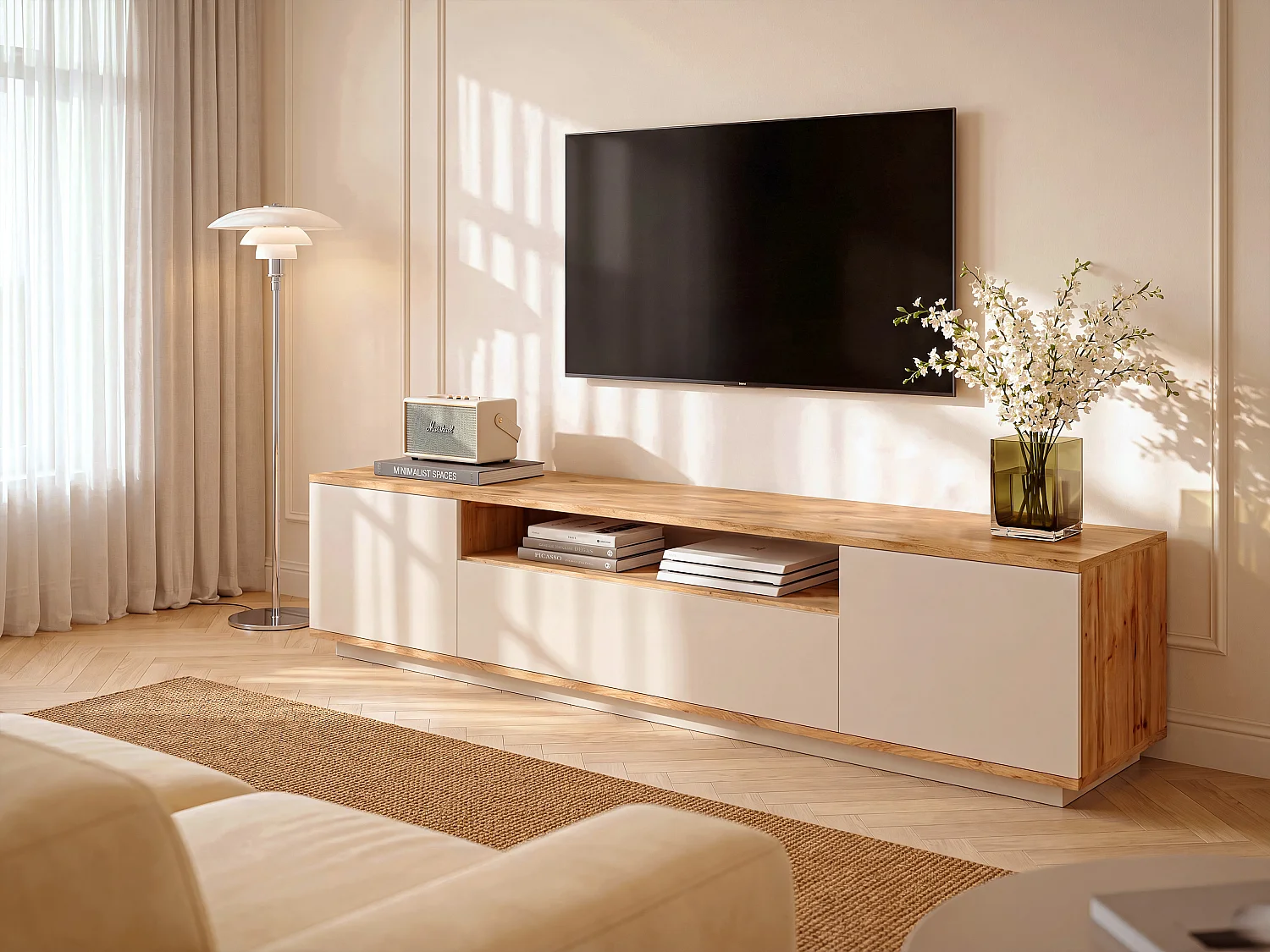 Meuble TV avec 3 portes et 1 niche - Beige et naturel - LOTULA