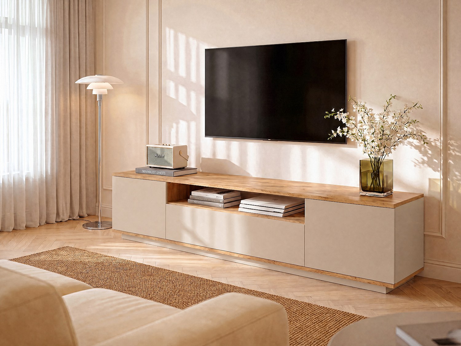 Meuble TV avec 3 portes et 1 niche - Beige et naturel - LOTULA