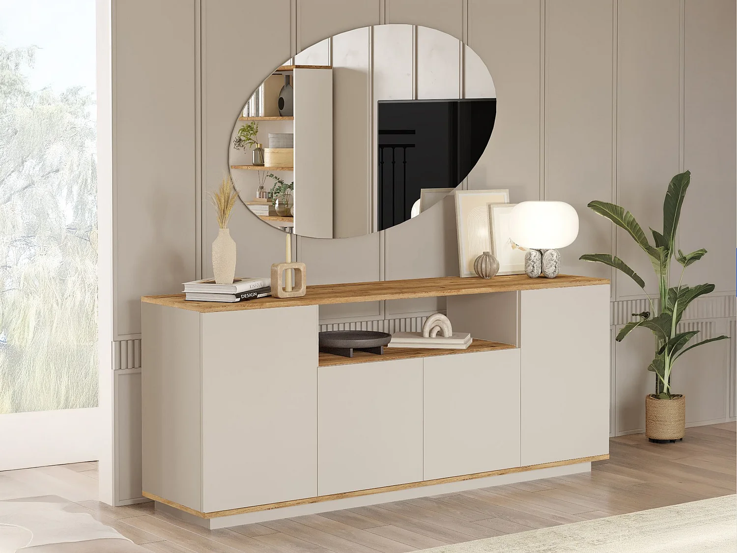Buffet avec 4 portes et 1 étagère - Beige et naturel - LOTULA