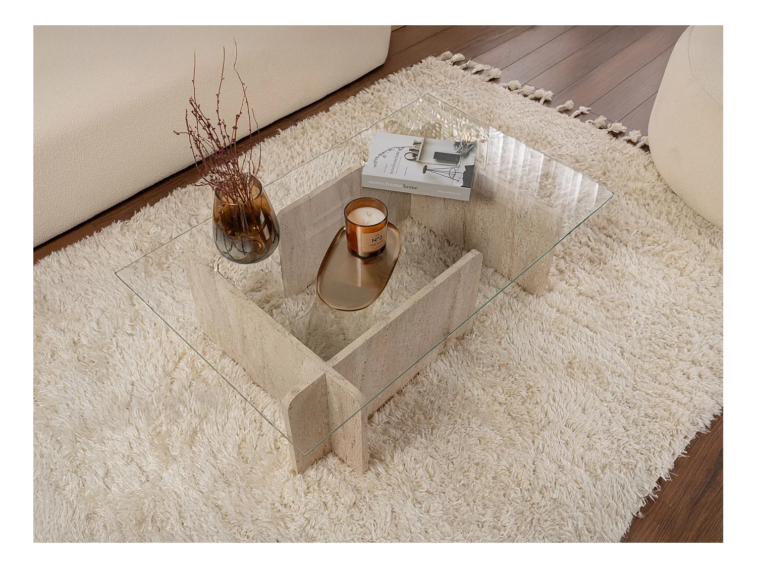 Table basse en verre trempé - Effet travertin beige et Transparent - AZRA