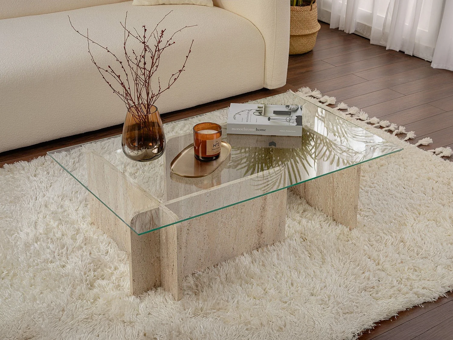 Table basse en verre trempé - Effet travertin beige et Transparent - AZRA