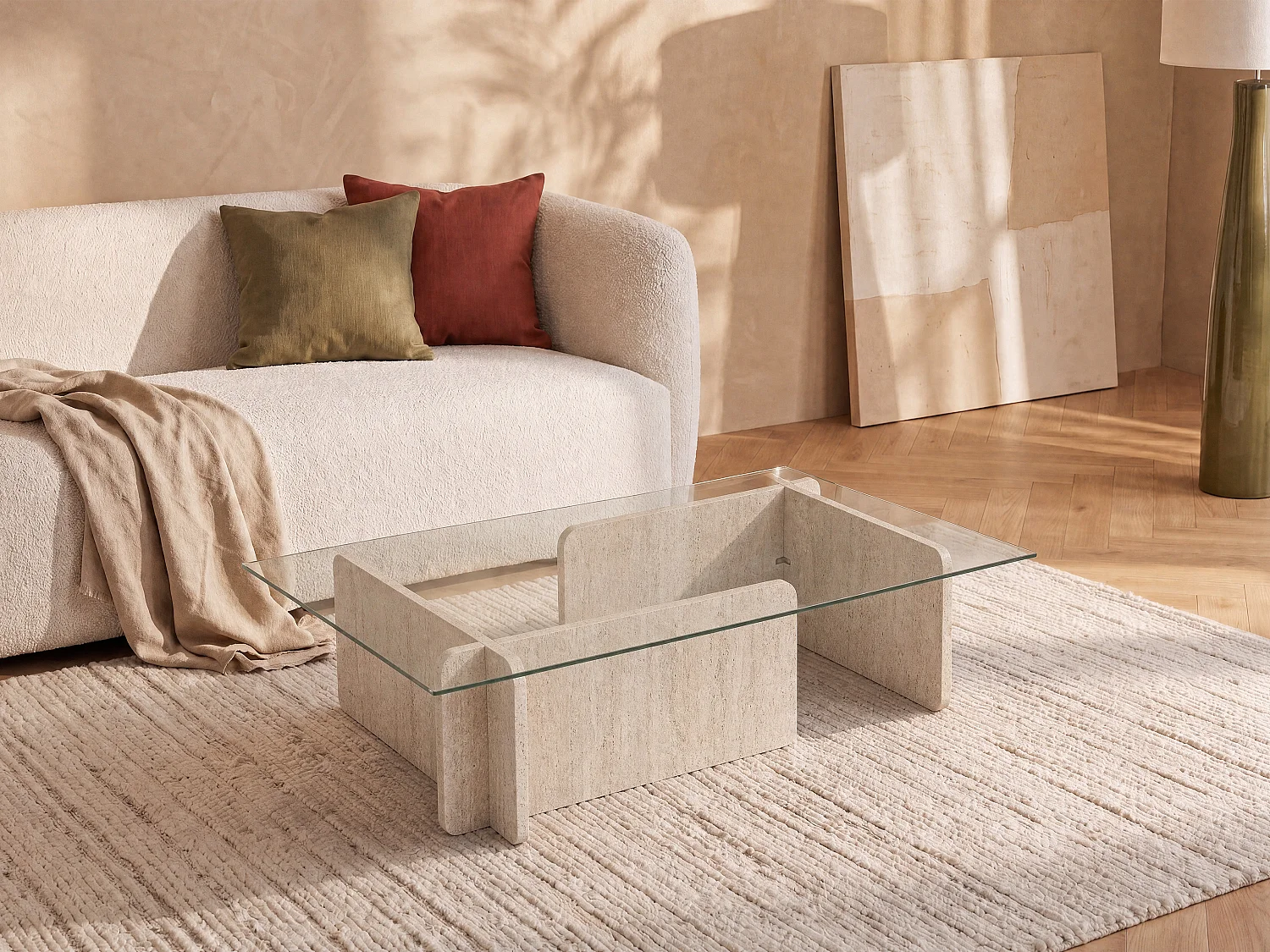 Mesa de centro em vidro temperado efeito travertino bege e transparente - AZRA