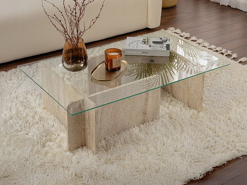 Couchtisch - Sicherheitsglas - Travertin-Optik - Beige & Transparent - AZRA