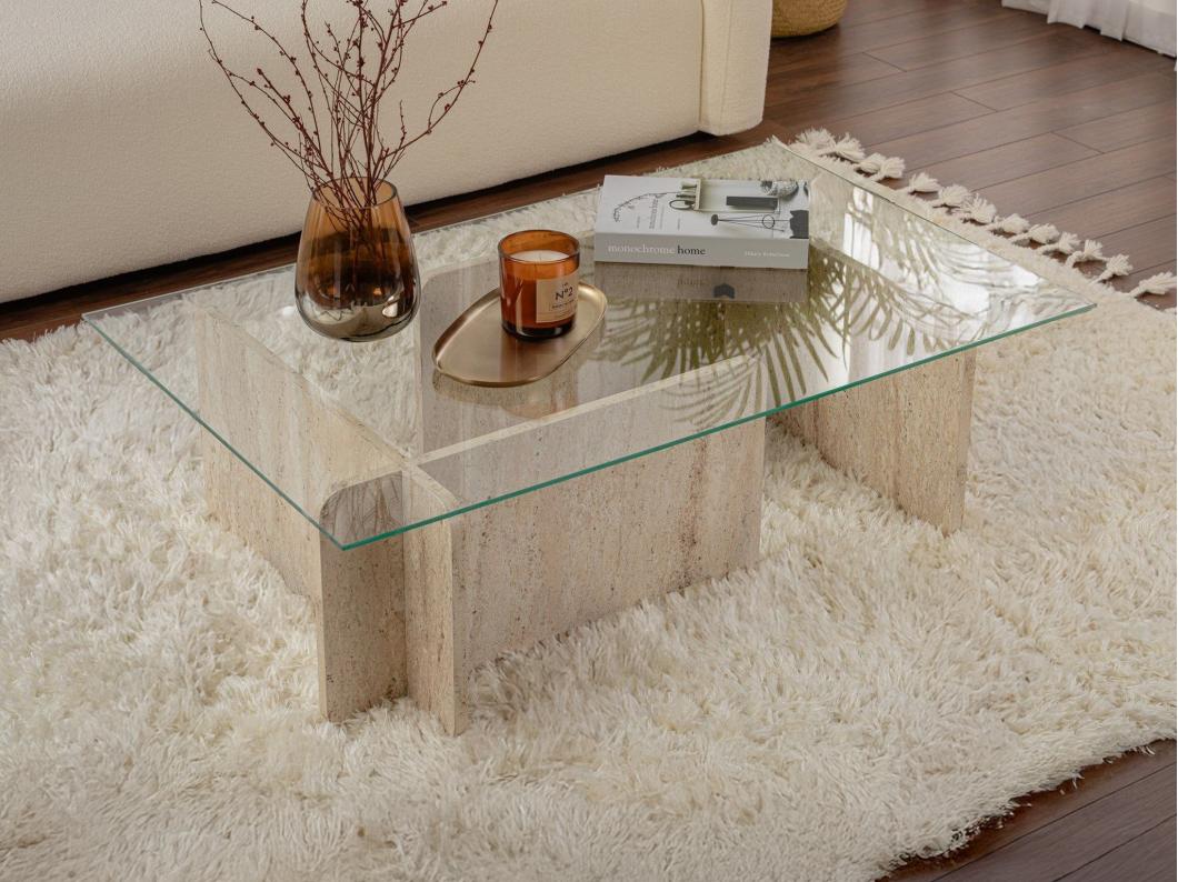 Table basse en verre trempé - Effet travertin beige et Transparent - AZRA