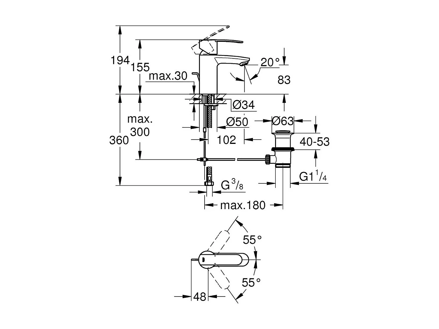 Waschtischbatterie GROHE Quickfix Wave Cosmopolitan Größe S