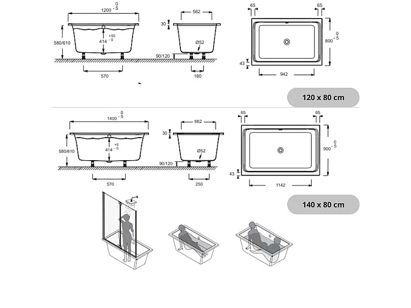 Baignoire bain douche 120 X 80 JACOB DELAFON Capsule