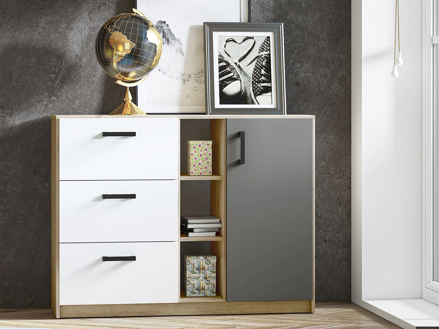 KOMMODE Fini Artisan Eiche / weiß / anthrazit 120 / 42 / 93cm