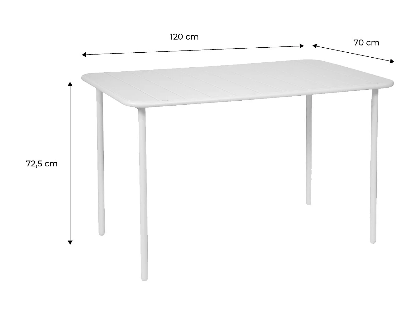 Table de jardin métal 4 places. beige. Amelia. 120x70cm. traitement antirouille. lattes et bords arrondis